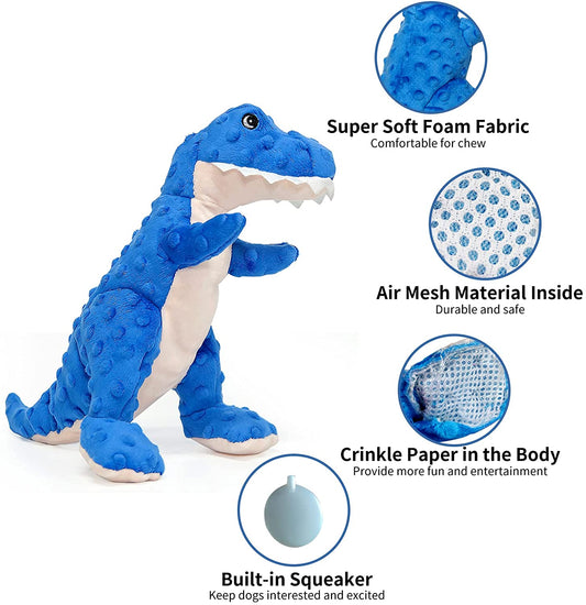 DODODOLA Stuffed Dog Toys Durable Plush Dog Toy with Crinkle Paper Cute Dinosaur Squeaky Dog Toys Dog Chew Toys for Medium Large Breed
